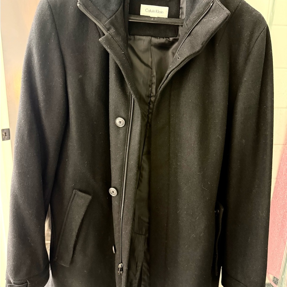 Calvin Klein Men's Black Pea Coat with Zip and Button Front
